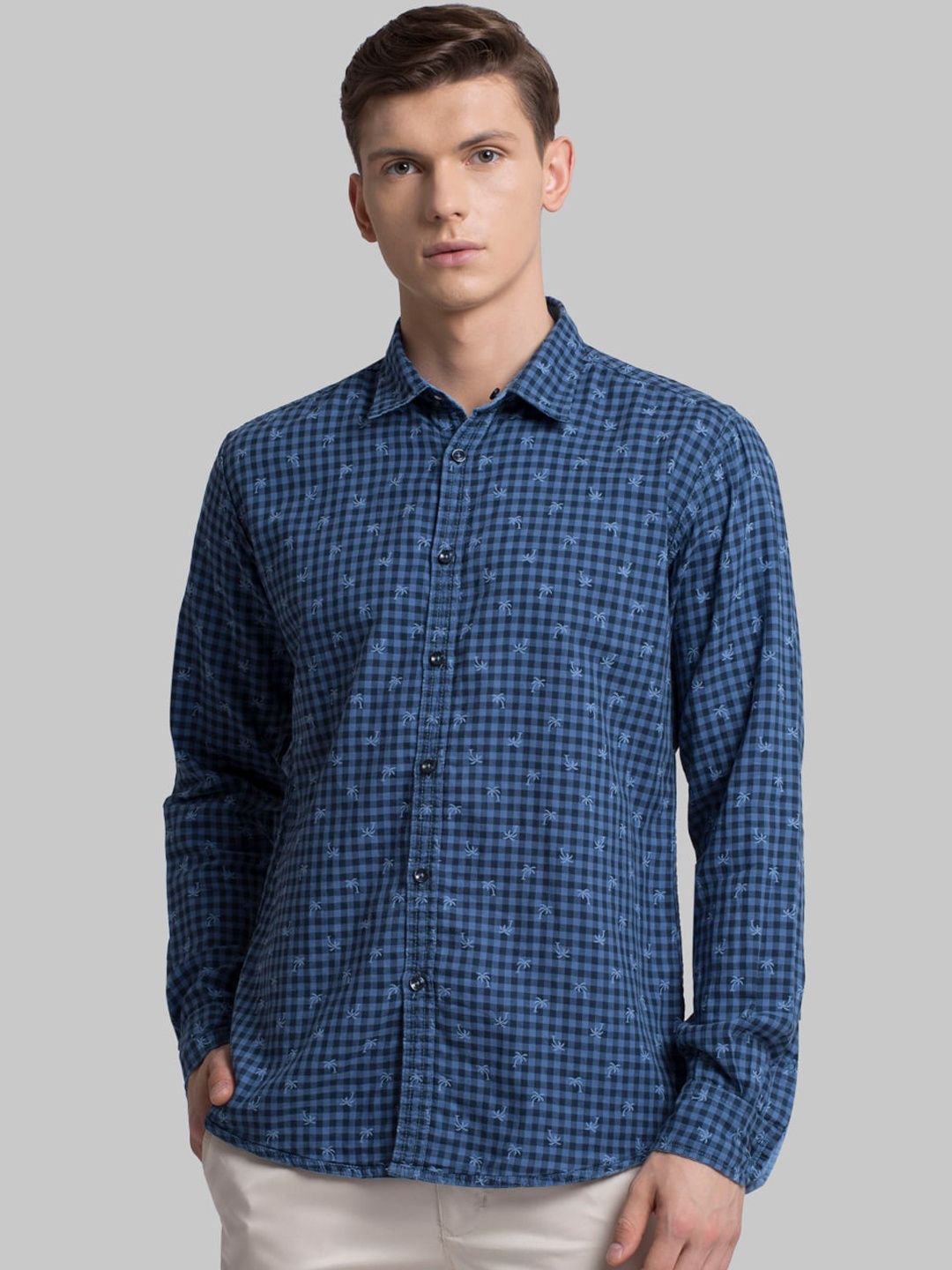 

Parx Men Blue Slim Fit Opaque Checked & Printed Casual Shirt