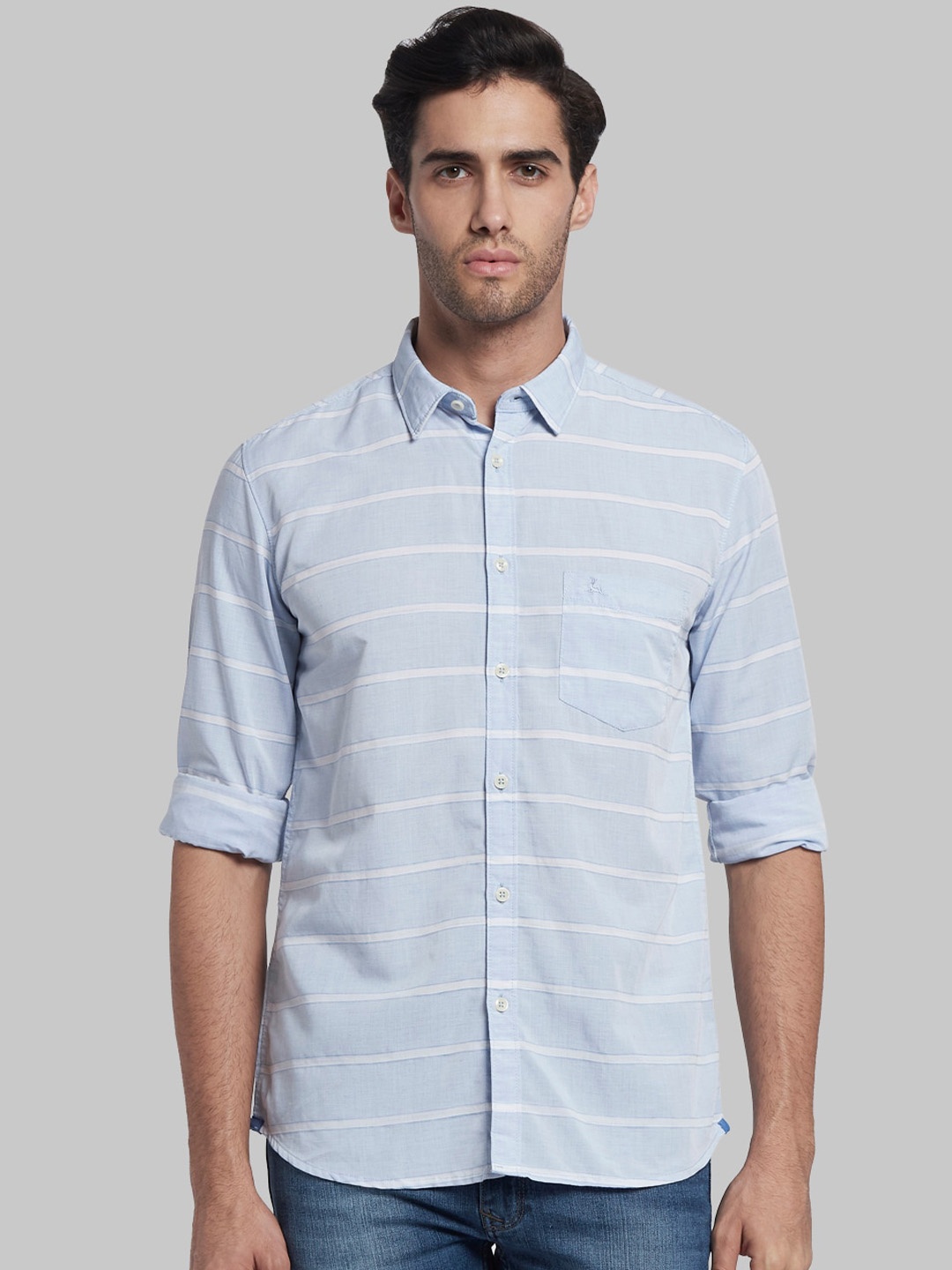 

Parx Men Blue Slim Fit Horizontal Stripes Cotton Striped Casual Shirt