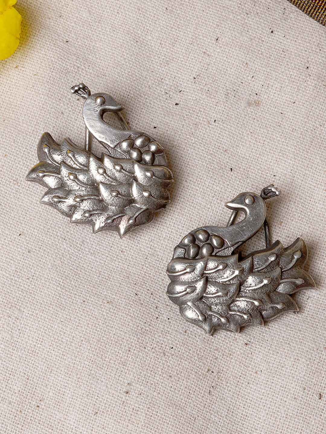 

TEEJH Silver-Plated Peacock Shaped Ear Cuff Earrings