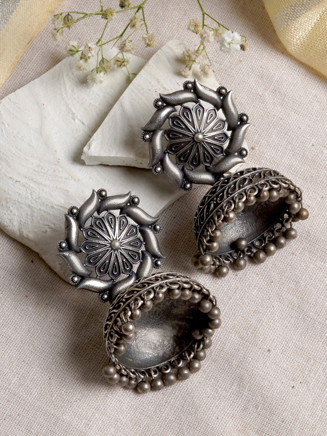 

TEEJH Silver-Toned Dome Shaped Jhumkas Earrings
