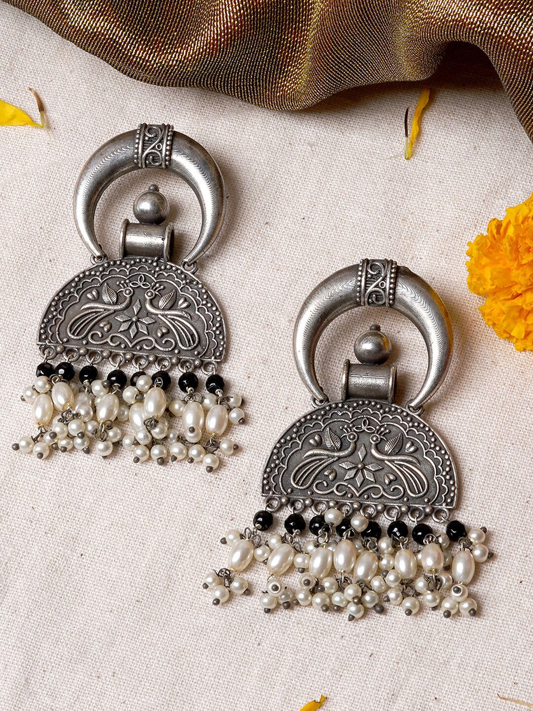 

TEEJH Silver-Toned & Off White Crescent Shaped Drop Earrings