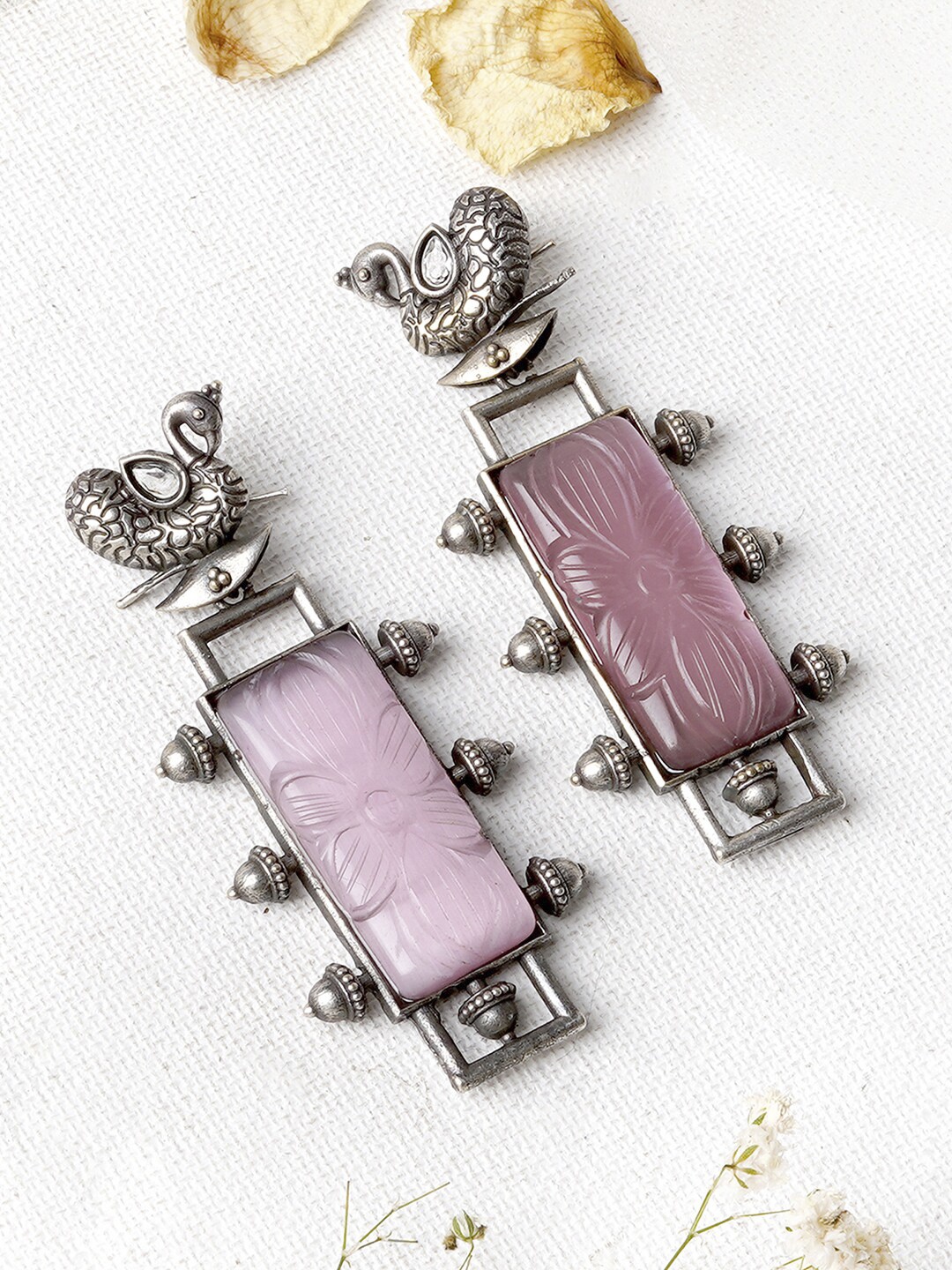 

TEEJH Silver-Toned & Pink Peacock Shaped Drop Earrings