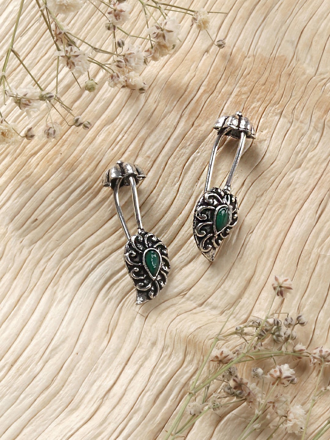 

TEEJH Silver-Toned & Green Contemporary Ear Cuff Earrings