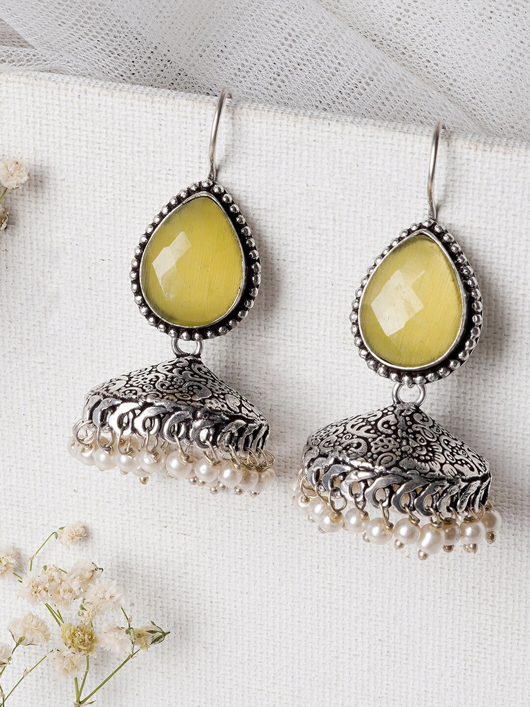 

TEEJH Silver-Toned & Yellow Dome Shaped Jhumkas Earrings