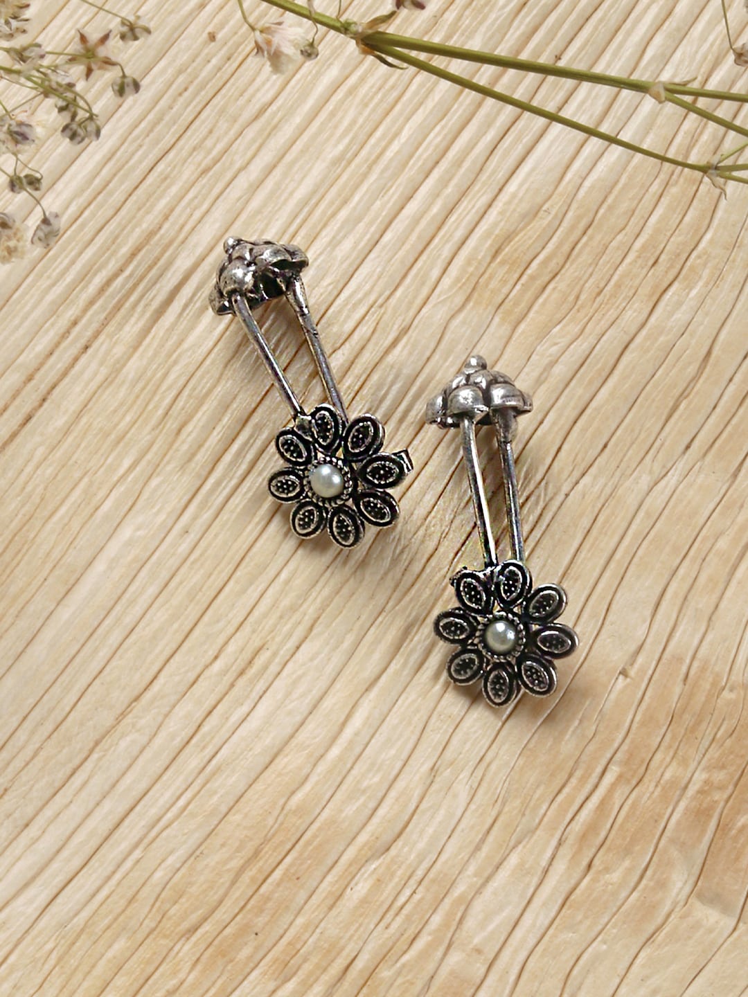 

TEEJH Silver-Toned Floral Ear Cuff Earrings