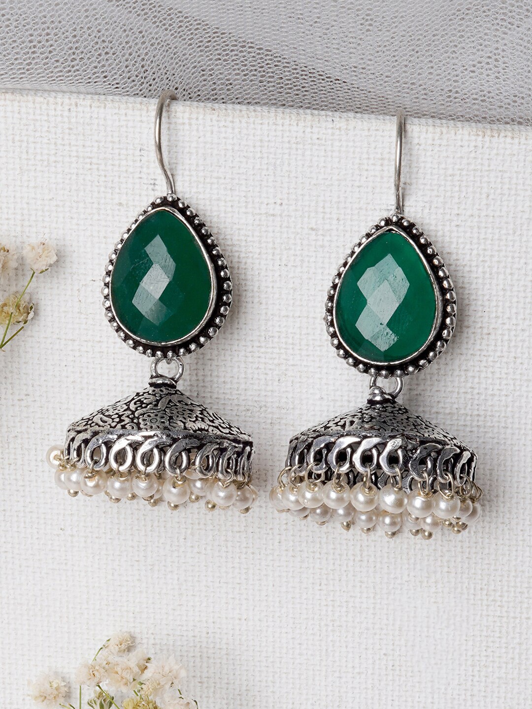 

TEEJH Silver-Plated & Green Contemporary Jhumkas Earrings