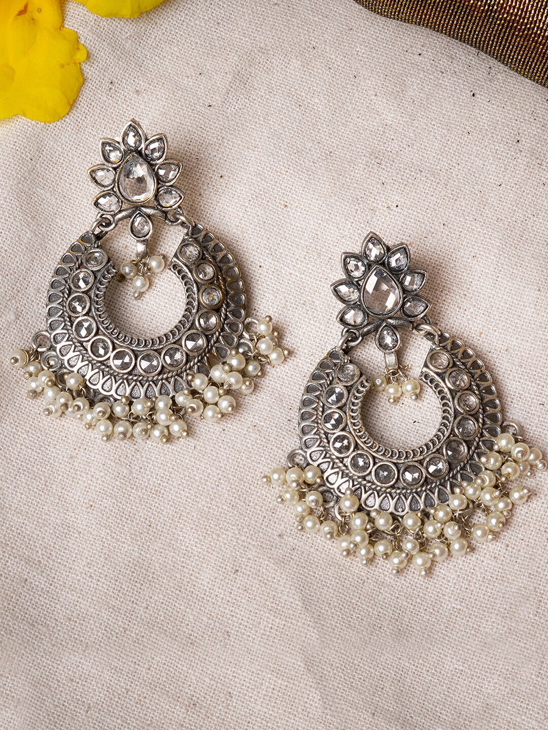 

TEEJH Silver-Toned & Off White Crescent Shaped Drop Earrings