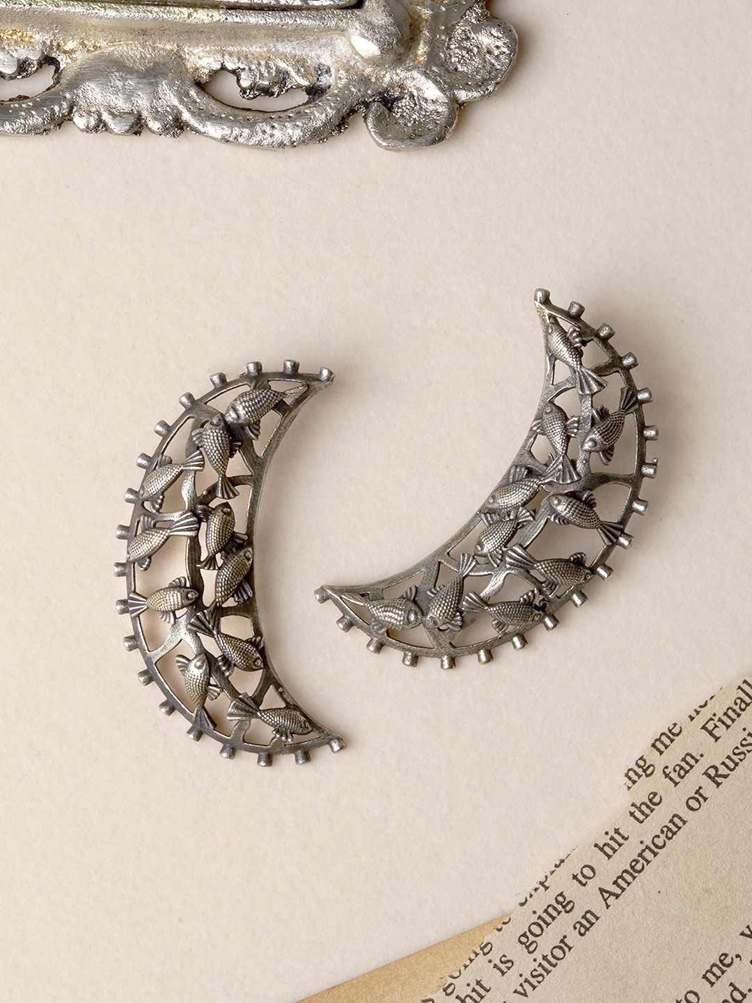 

TEEJH Silver-Toned Crescent Shaped Studs Earrings