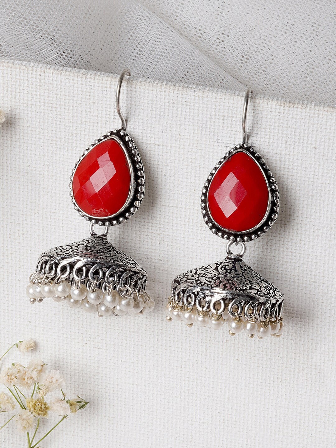 

TEEJH Silver-Toned & Red Dome Shaped Jhumkas Earrings