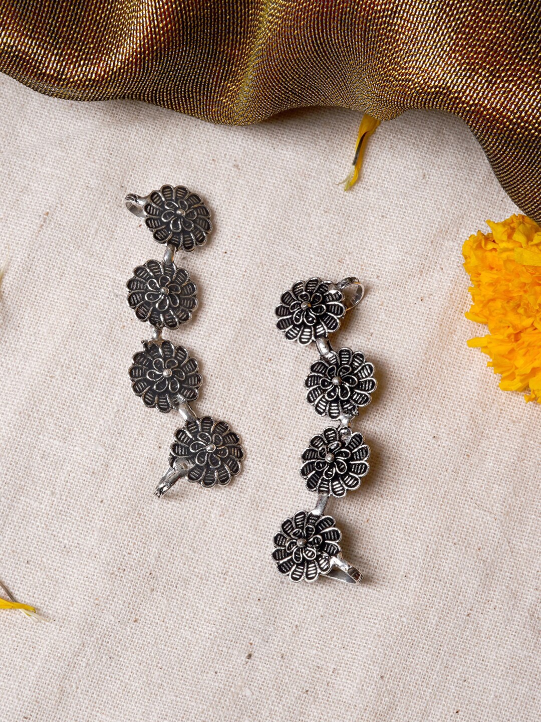 

TEEJH Silver-Toned Floral Ear Cuff Earrings