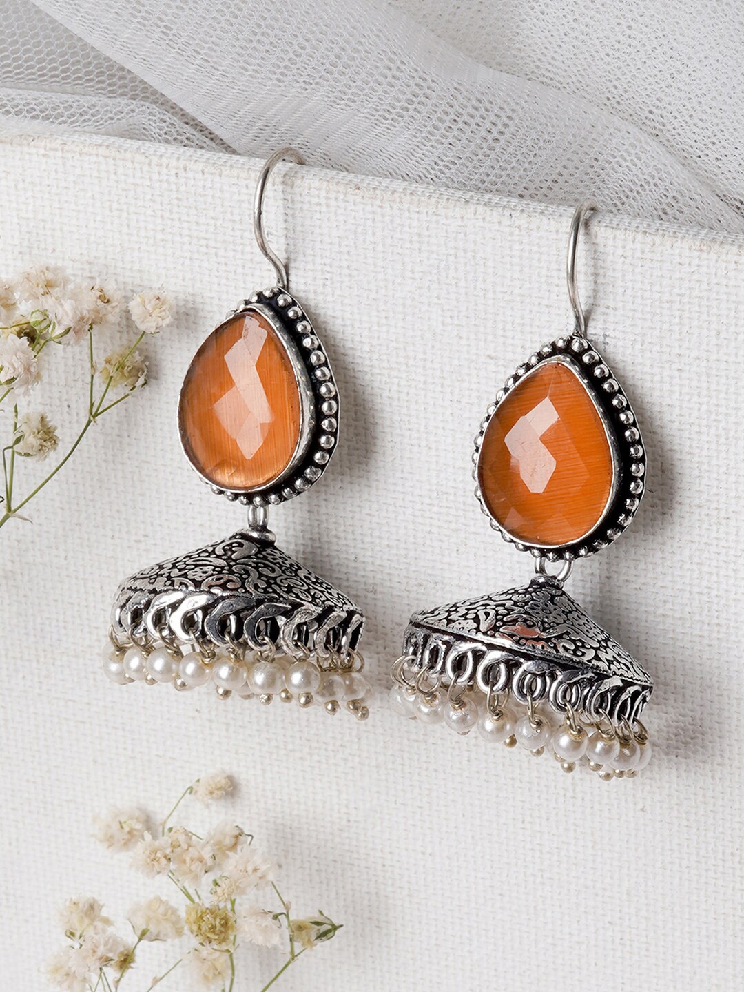 

TEEJH Silver-Toned & Orange Geometric Jhumkas Earrings