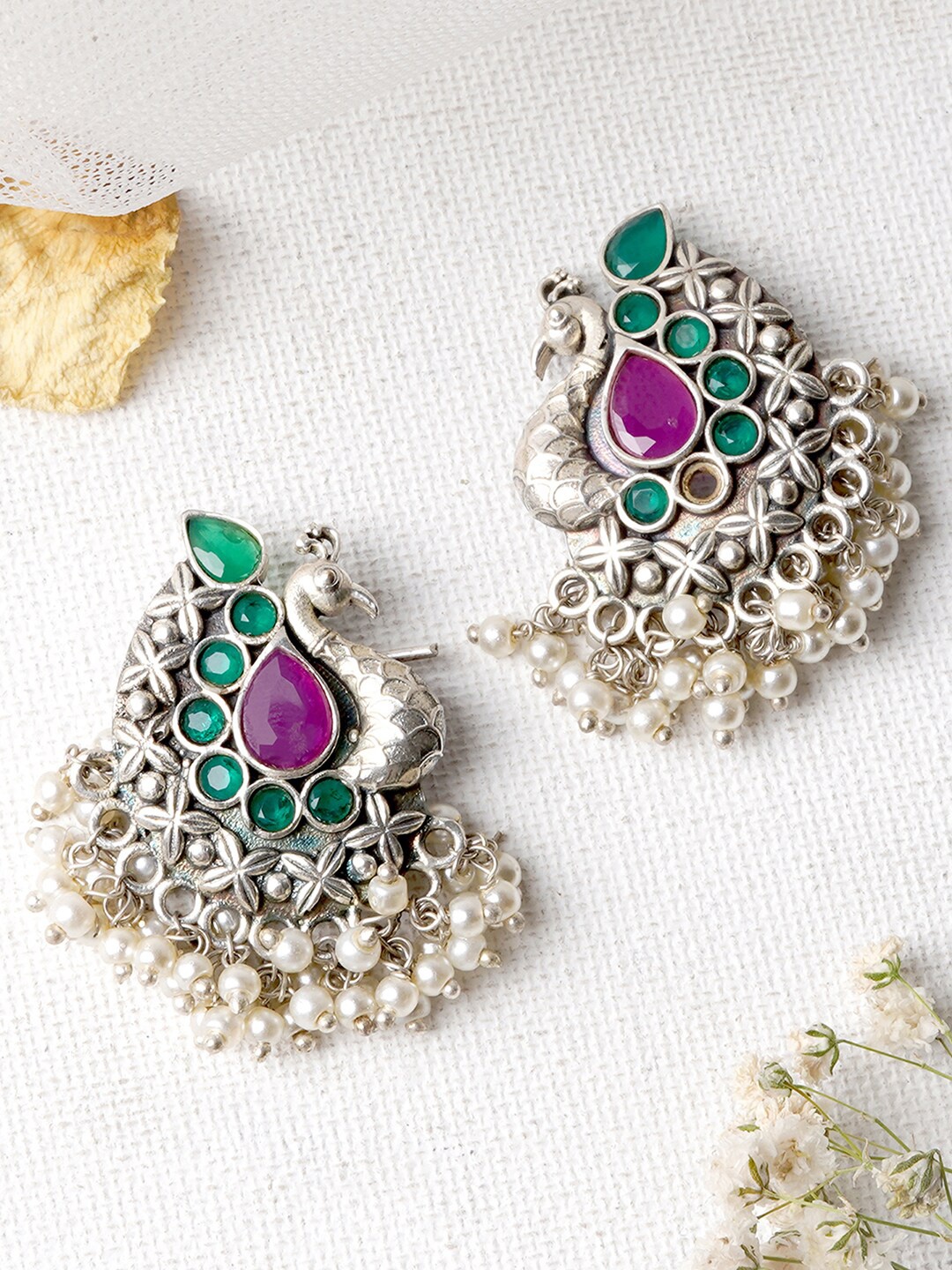 

TEEJH Silver-Toned & Green Peacock Shaped Chandbalis Earrings