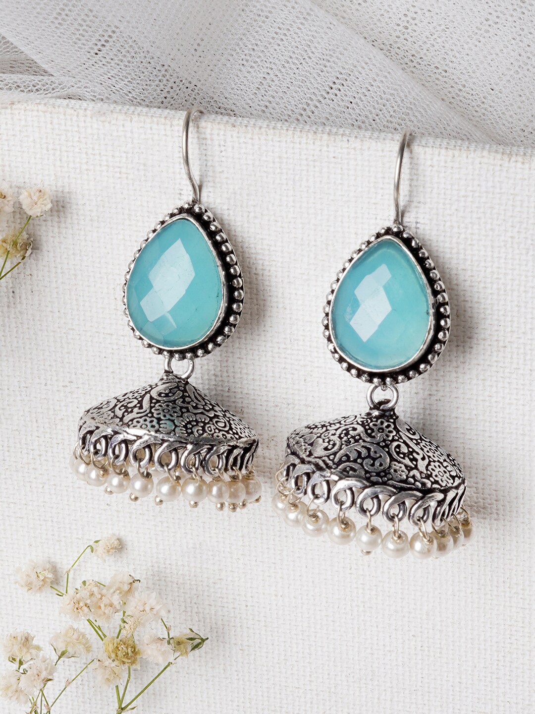 

TEEJH Silver-Toned & Turquoise Blue Dome Shaped Jhumkas Earrings