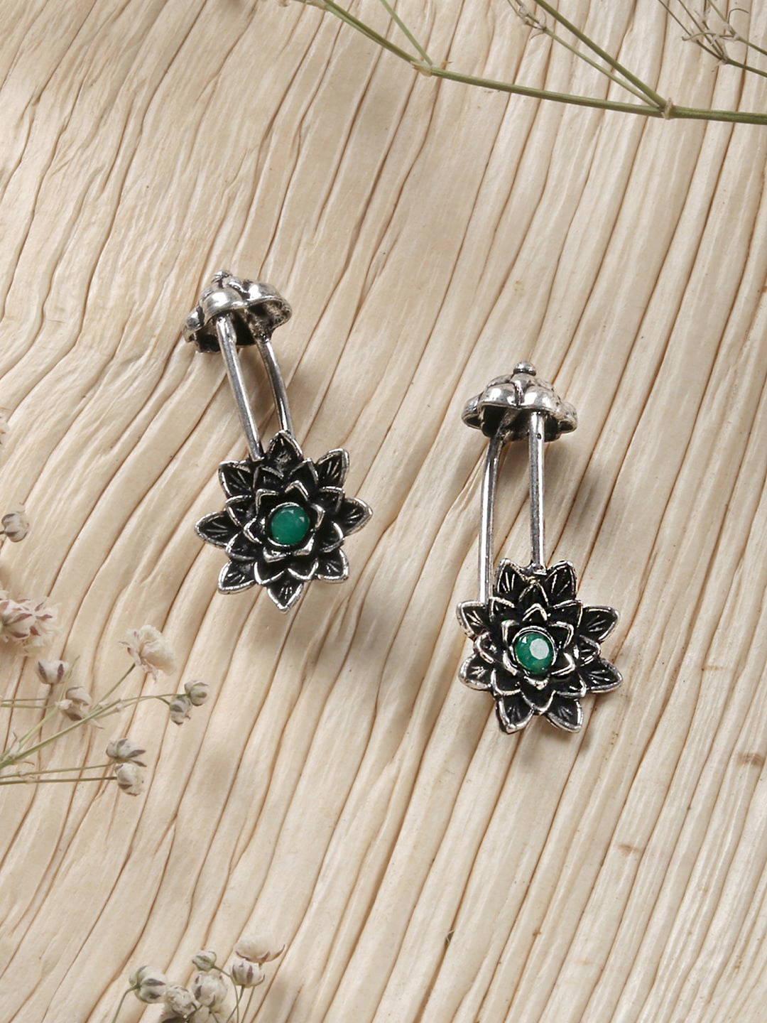

TEEJH Silver-Plated & Green Floral Drop Earrings
