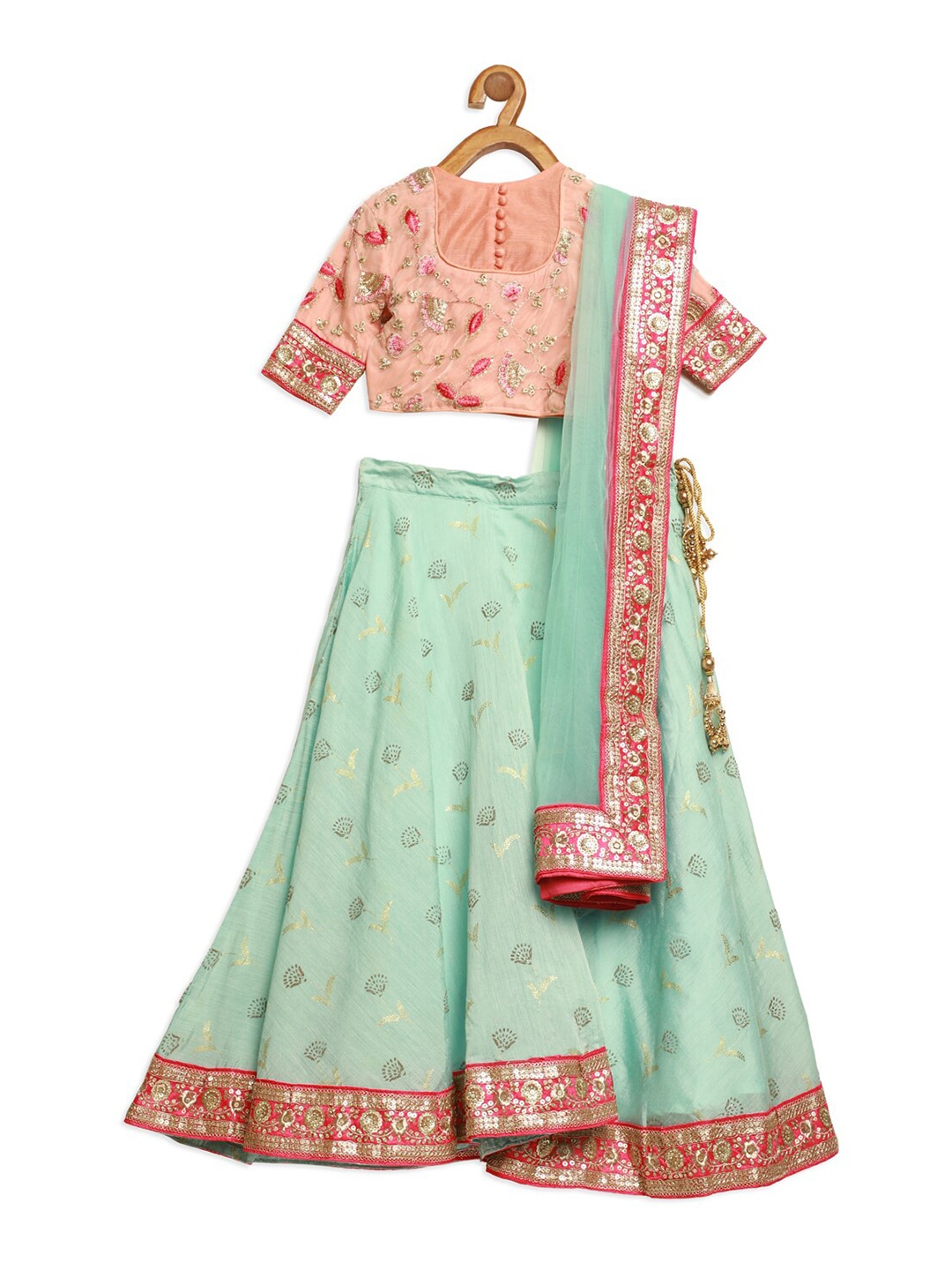 

Ethnovog Girls Green Pink Printed Made to Measure Lehenga Blouse With Dupatta