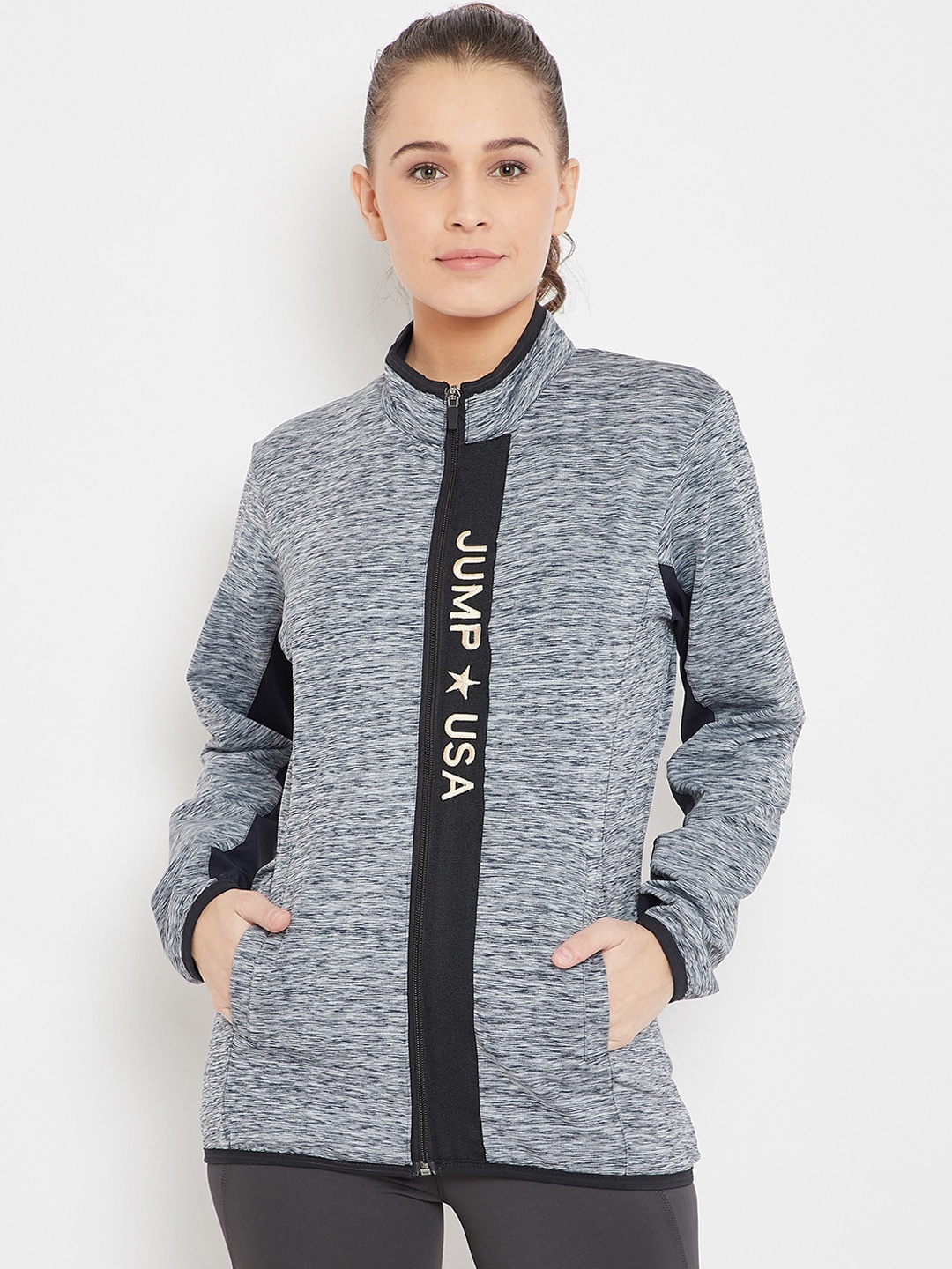 

JUMP USA Women Navy Blue Self Design Training or Gym Sporty Jacket