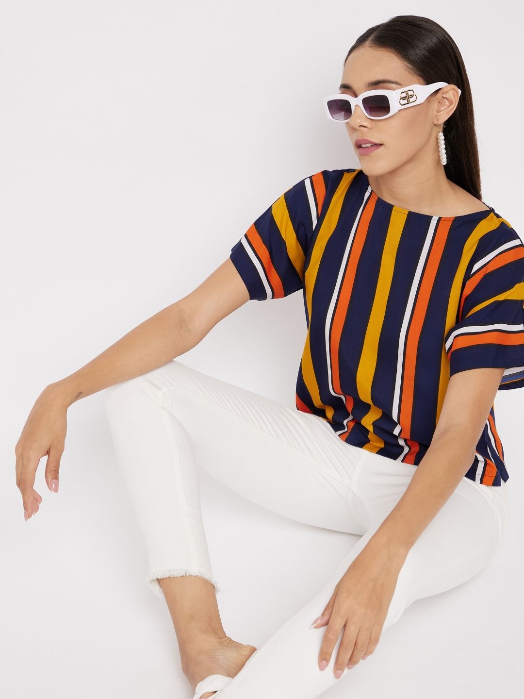 

Uptownie Lite Navy Blue & Yellow Striped Crepe Regular Top