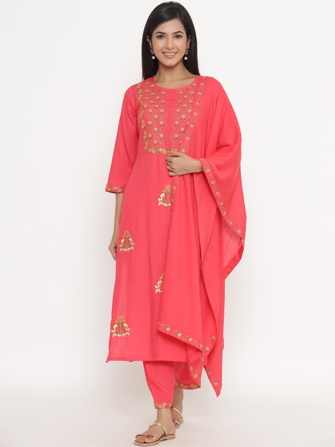 

Fabriko Women Peach-Coloured & Yellow Embroidered Layered Kurta & Trousers & Dupatta