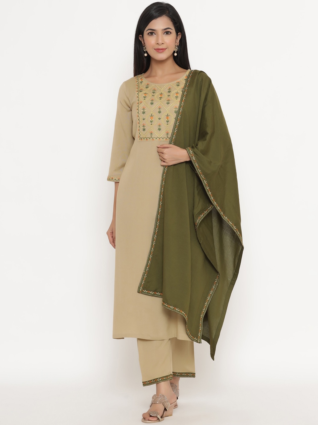 

Fabriko Women Green & Beige Floral Embroidered Empire Kurta with Trousers & Dupatta