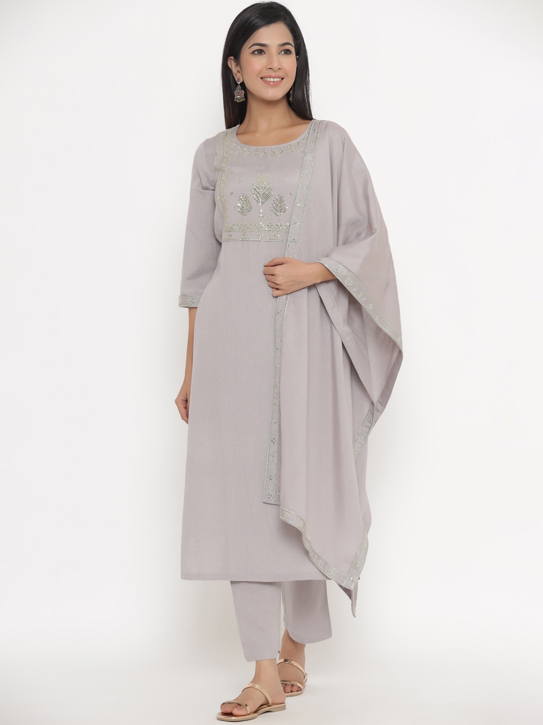 

Fabriko Women Grey Floral Embroidered Regular Sequinned Kurta With Trousers & Dupatta