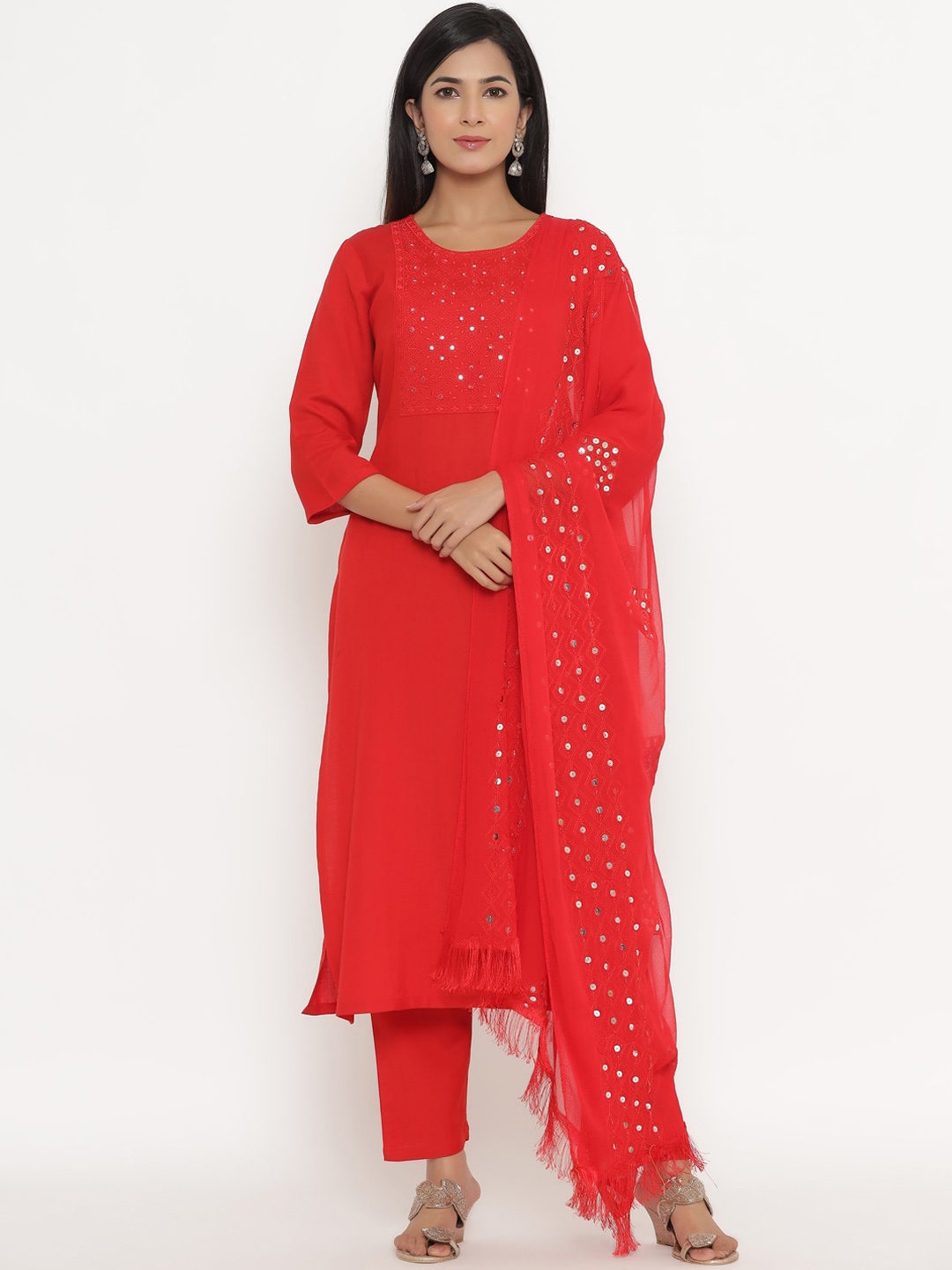

Fabriko Women Red Embroidered Regular Mirror Work Kurta With Trousers & Dupatta