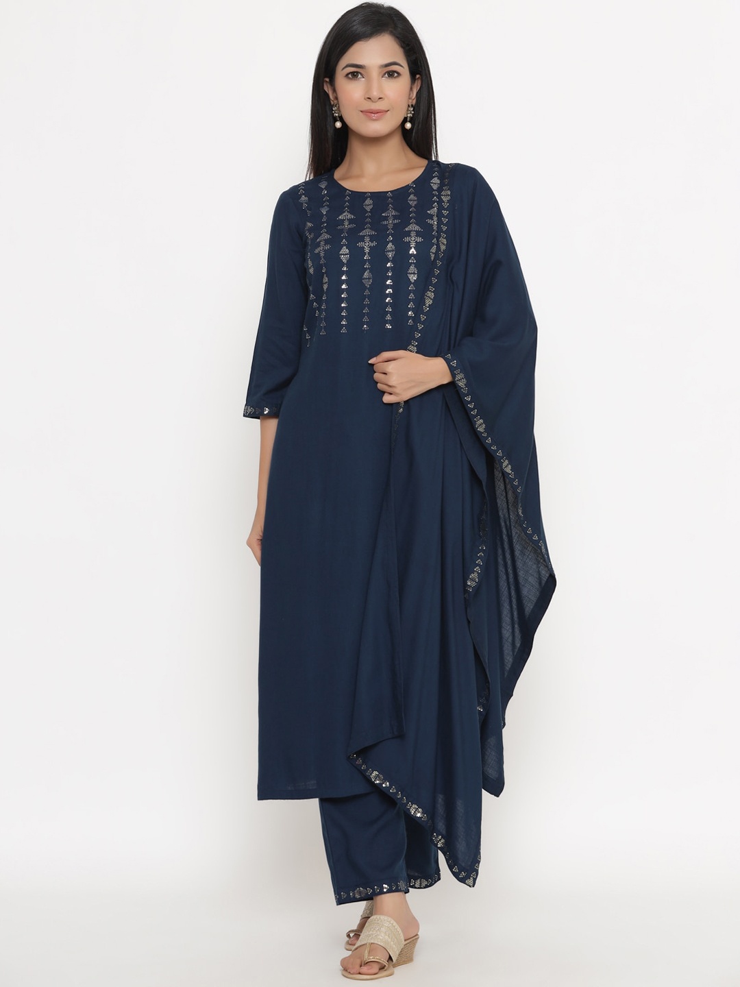 

Fabriko Women Navy Blue Yoke Design Empire Sequinned Kurta with Trousers & Dupatta