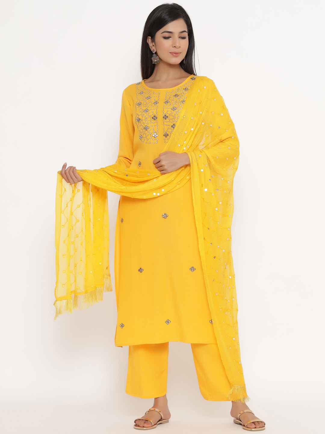 

Fabriko Women Yellow Embroidered Empire Mirror Work Kurta with Trousers & Dupatta