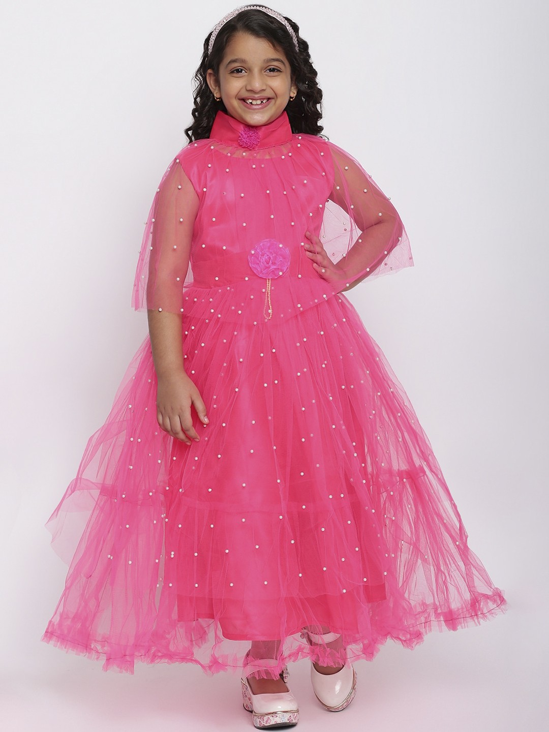 

SKY HEIGHTS Pink Embellished Net Fit & Flared Dress