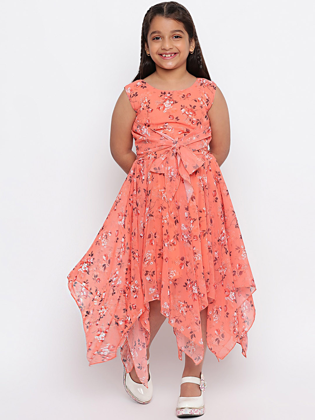

SKY HEIGHTS Girls Orange & White Floral Georgette Maxi Dress