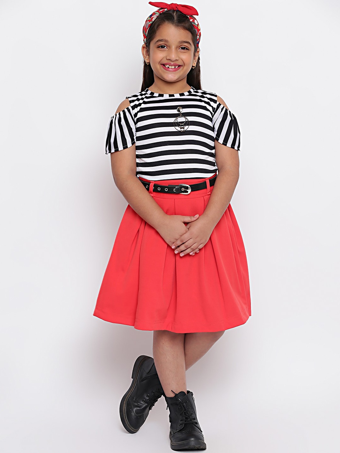 

SKY HEIGHTS Girls Pink & White Striped Crepe Dress