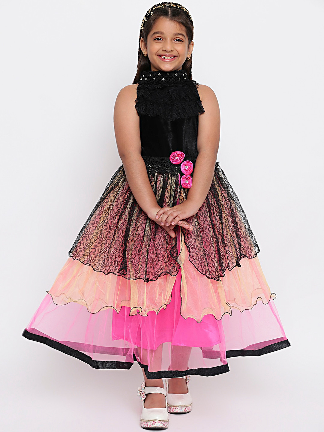 

SKY HEIGHTS Black & Pink Colourblocked Net Maxi Dress