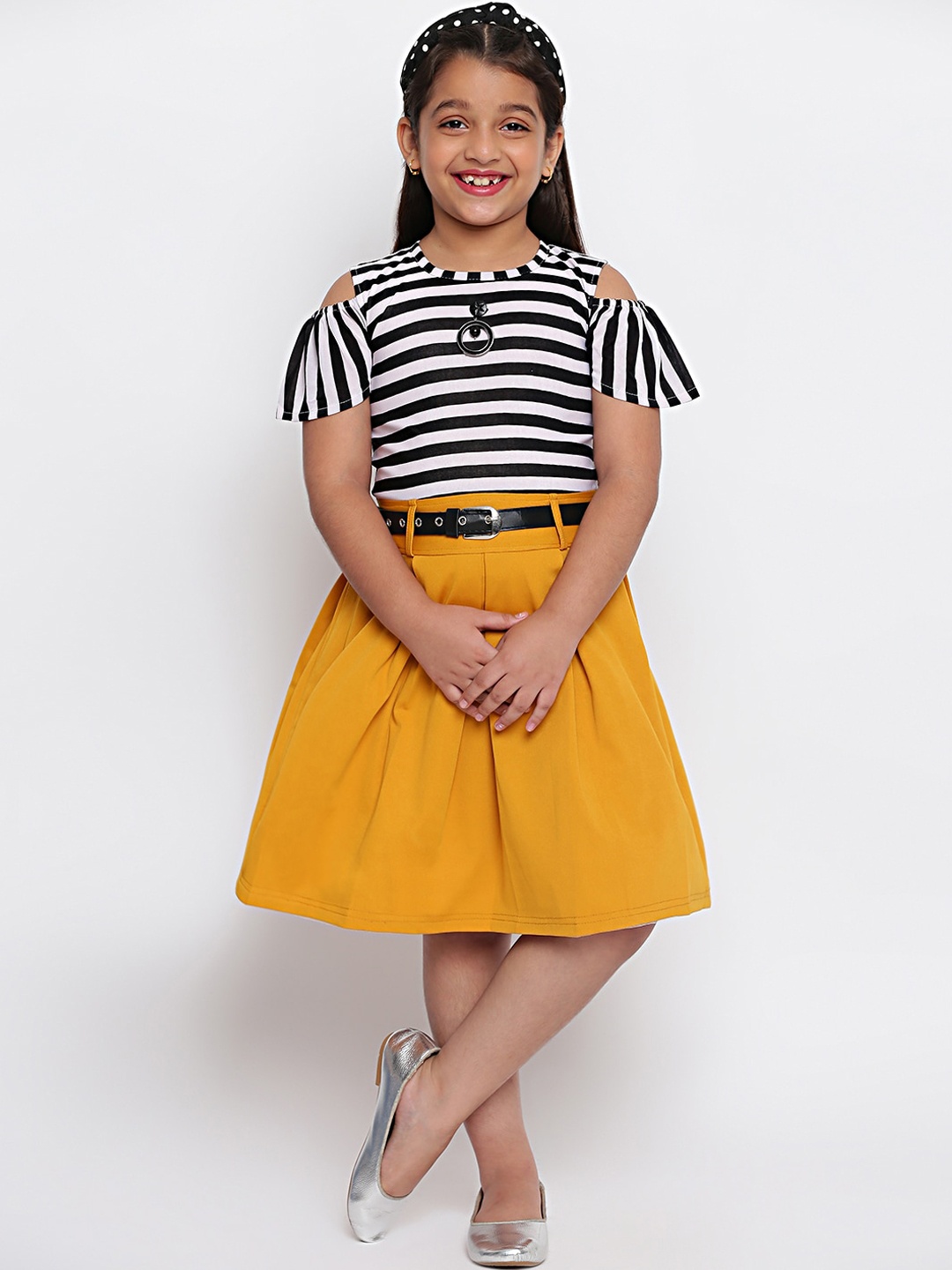 

SKY HEIGHTS Girls Yellow & Black Striped Crepe Dress