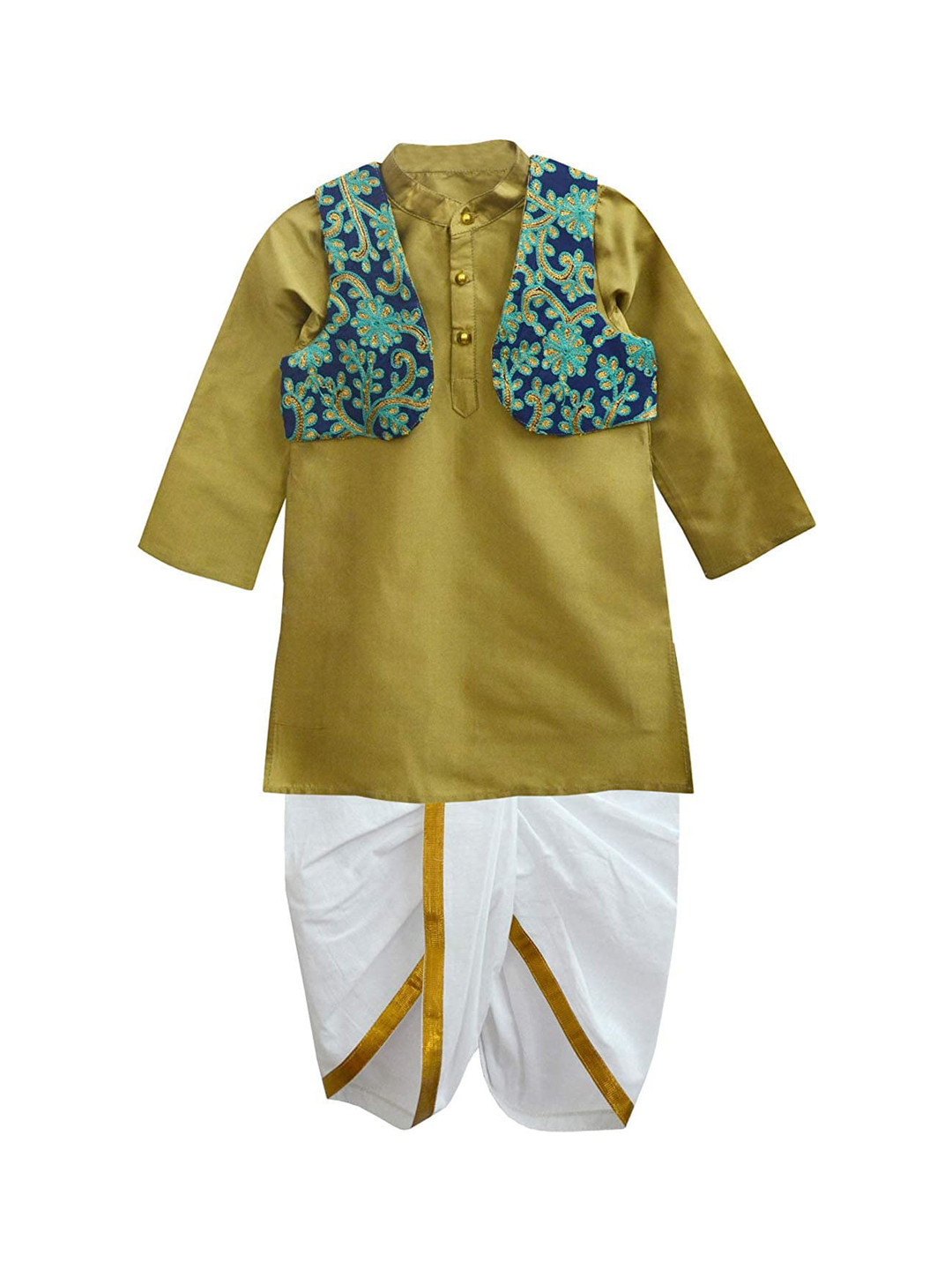 

A T U N Boys Gold & White Regular Kurta with Dhoti Pants & Embroidered Jacket