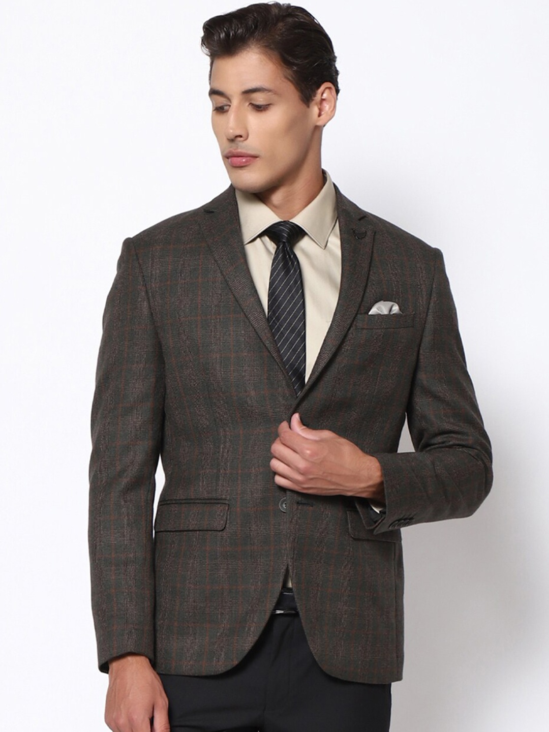 

Blackberrys Men Olive Green & Brown Checked Slim-Fit Single-Breasted Formal Blazer
