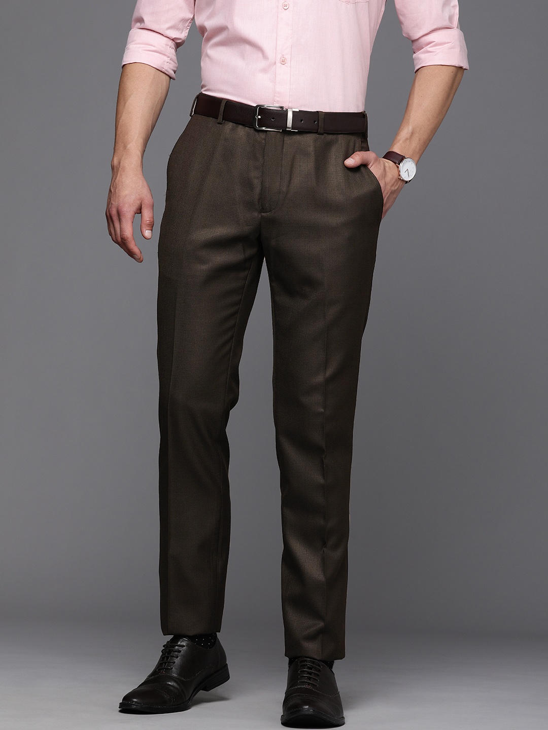 

Raymond Men Brown Checked Slim Fit Pleated Formal Trousers