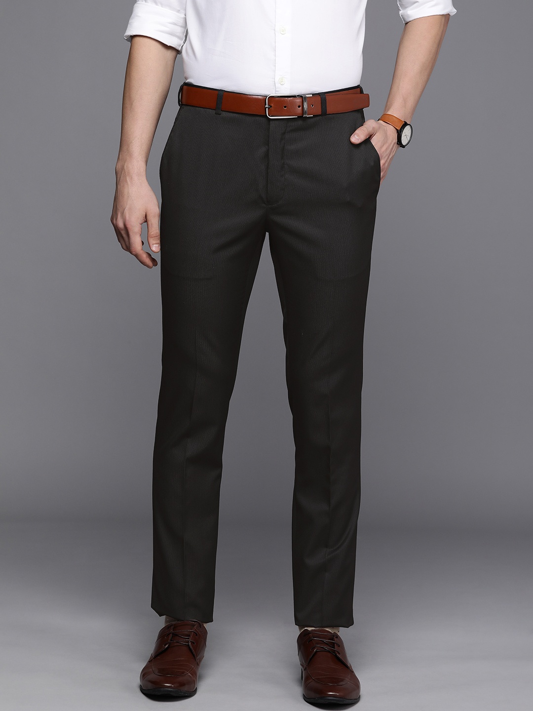 

Raymond Men Black Striped Slim Fit Mid Rise Formal Trousers