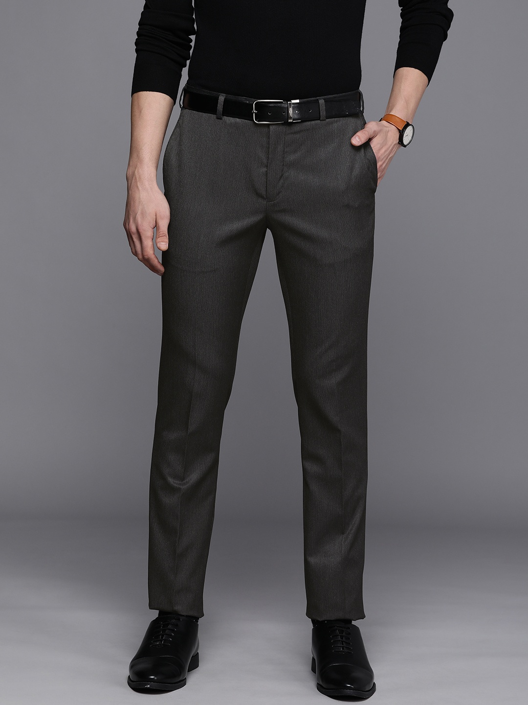 

Raymond Men Grey Striped Mid Rise Slim Fit Formal Trousers