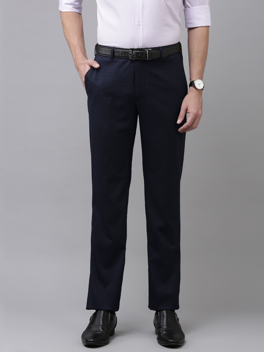 

Park Avenue Men Navy Blue Checked Smart Fit Formal Trousers