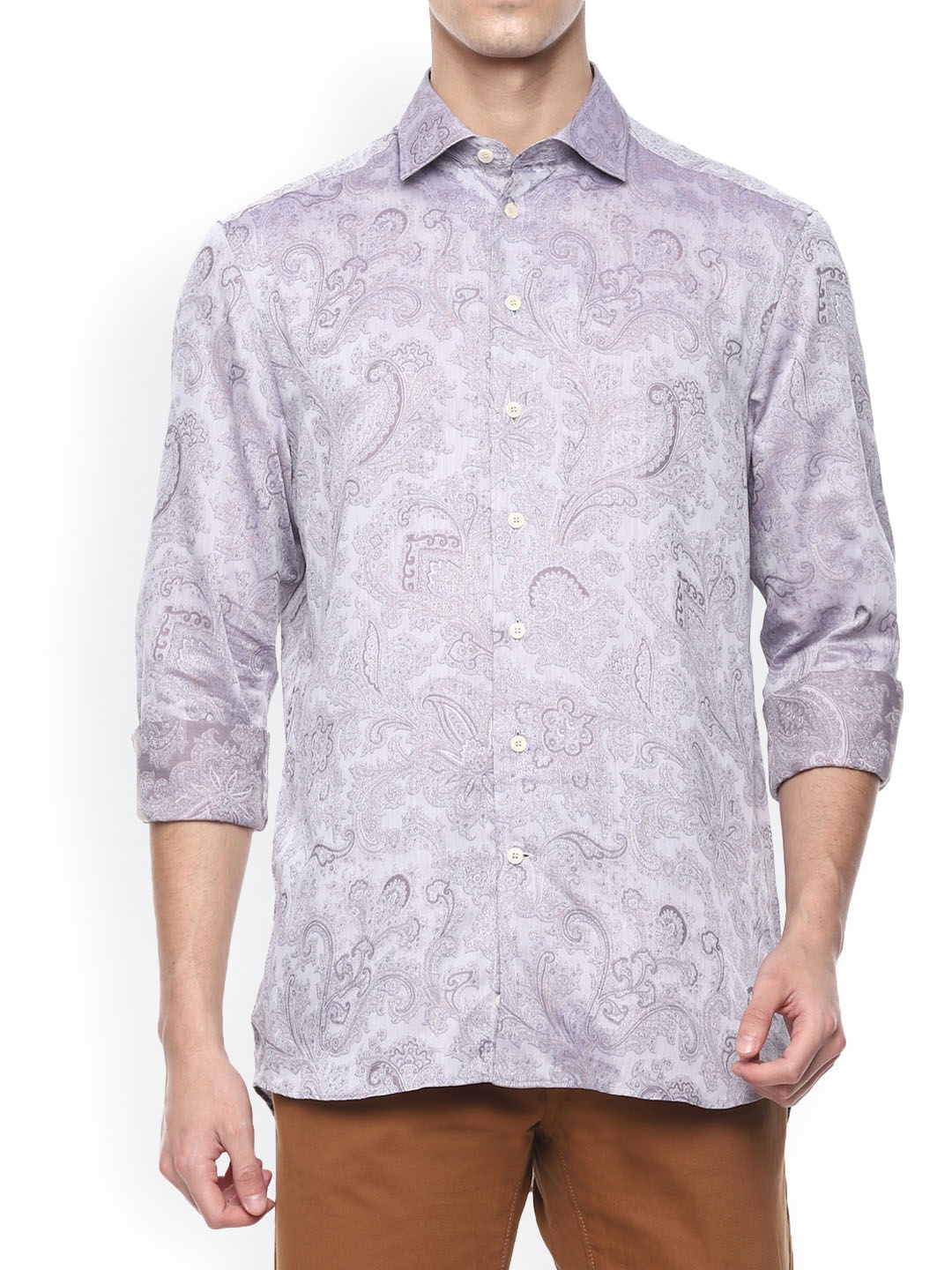 

ETRO Men Lavender Paisley Printed Jacquard Opaque Cotton Casual Shirt