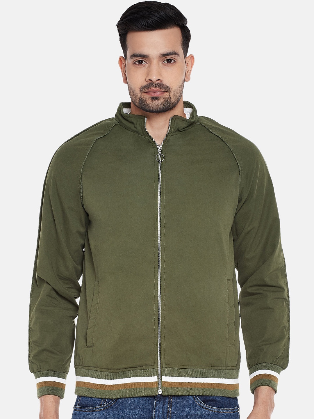 

People Men Olive Green Bomber Cotton Jacket