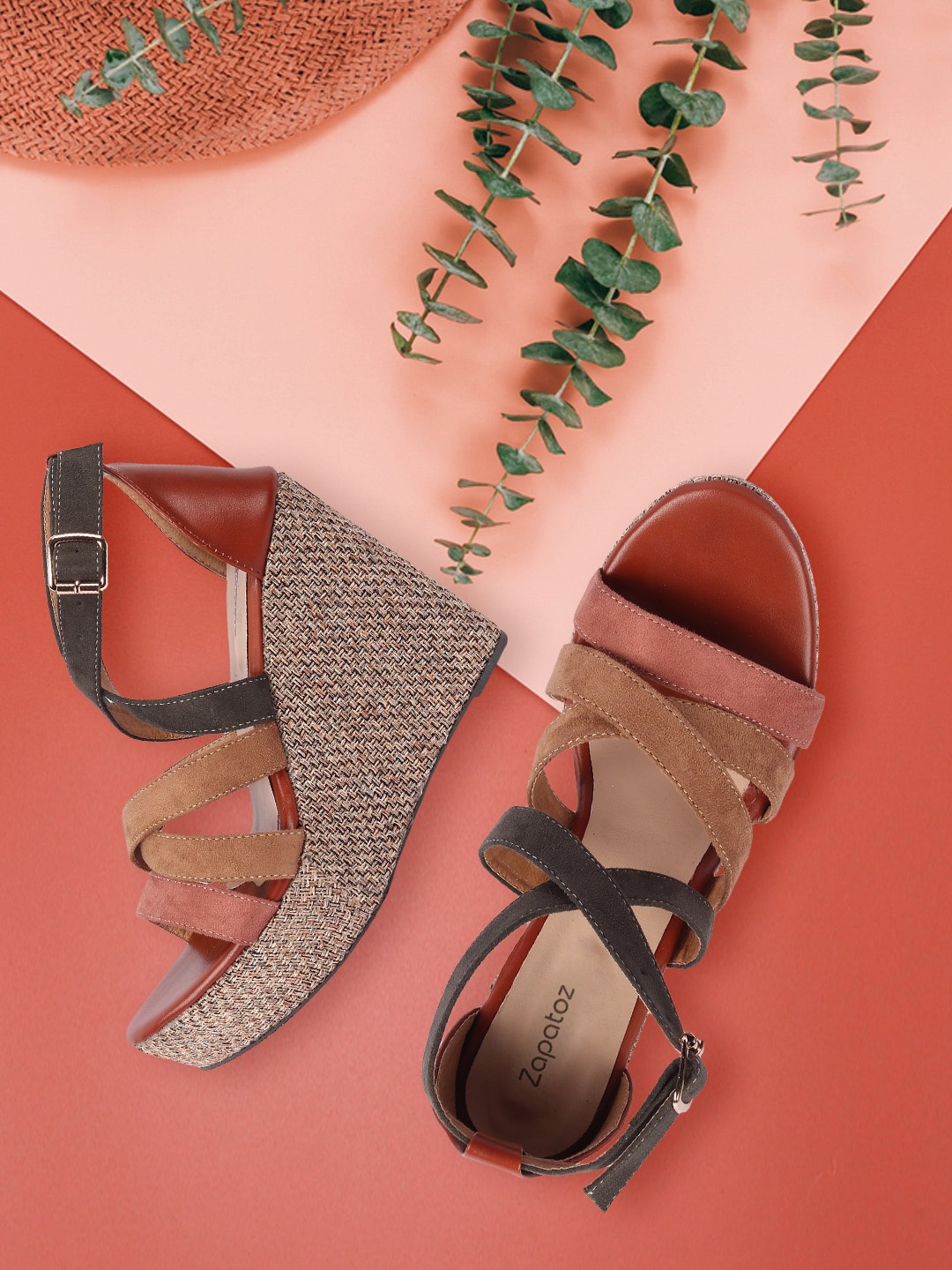 

ZAPATOZ Women Tan Brown & Black Suede Wedge Heels