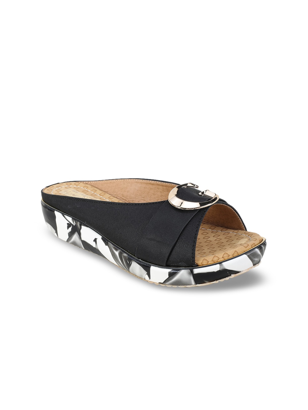 

LONDON STEPS Black & White Printed Wedge Mules With Buckles
