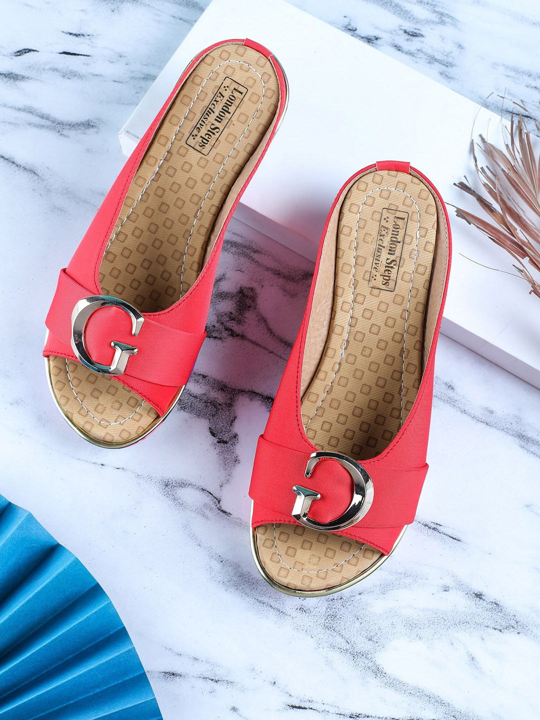 

LONDON STEPS Red Embellished Block Mules with Buckles