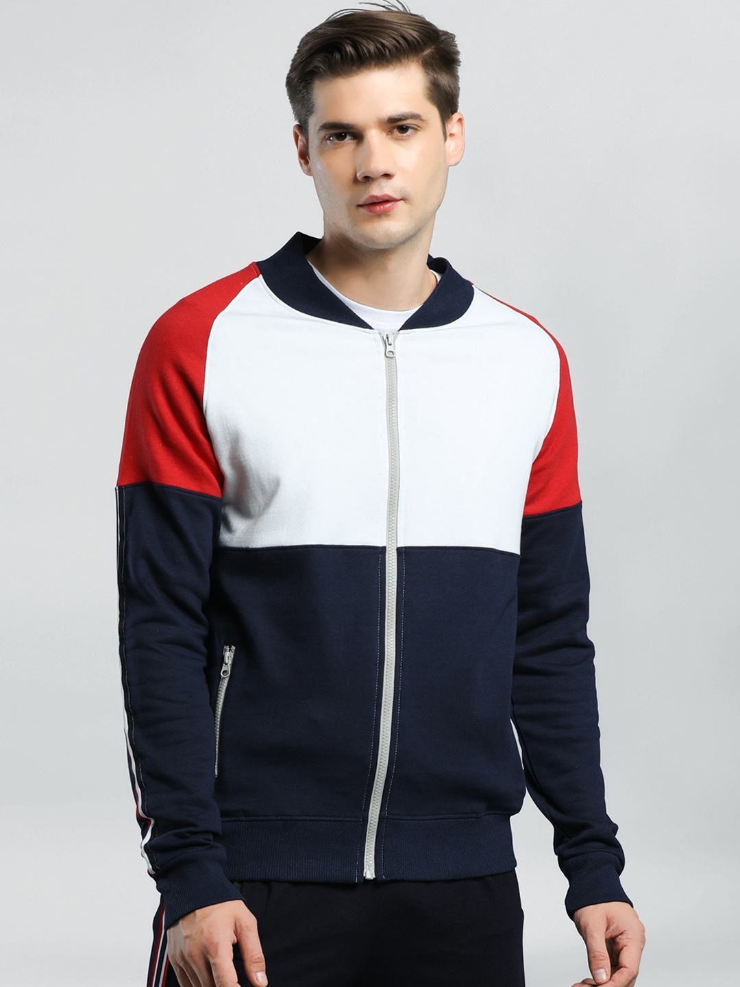 

Maniac Men Red White Colourblocked Crop Pure Cotton Bomber Jacket