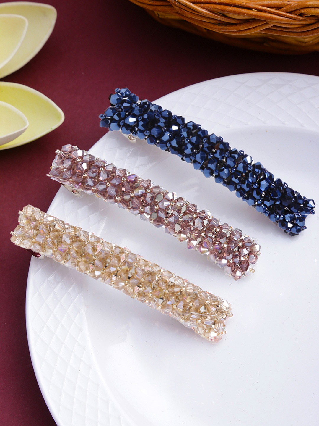 

Yellow Chimes Women Navy Blue & Pink Set of 3 Embellished French Barrette
