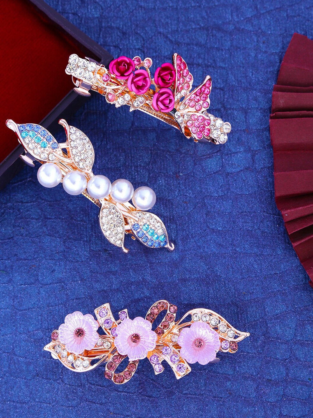 

Yellow Chimes Women Set of 3 Gold-Toned & Pink Embellished French Barrette