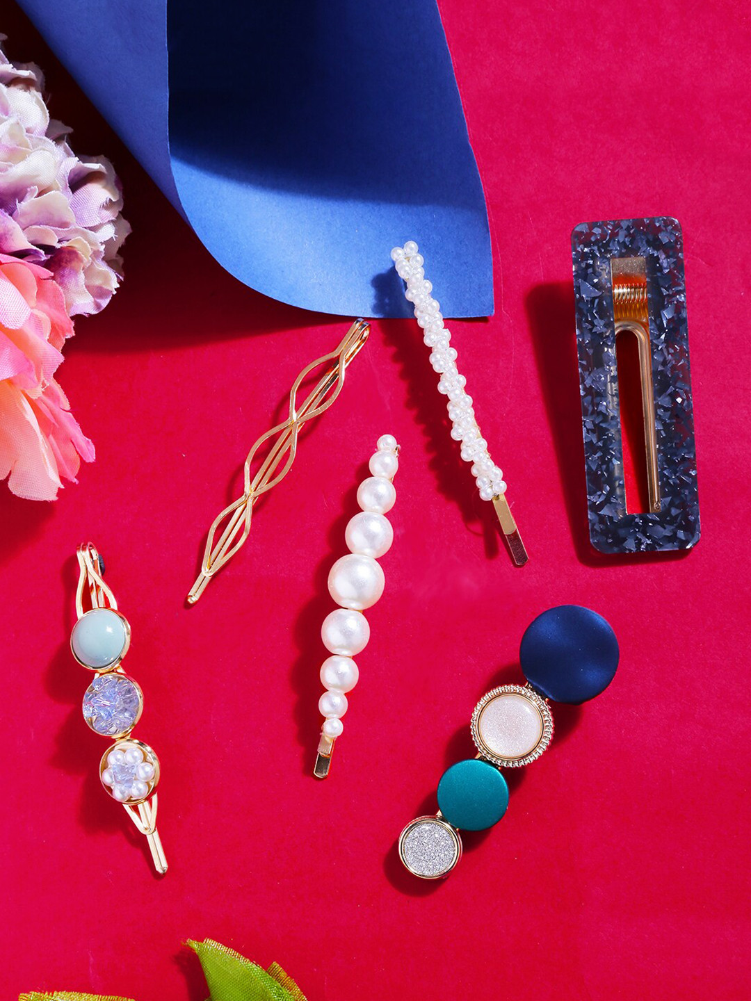 

Yellow Chimes Women Gold-Toned & Navy Blue Set of 6 Embellished Bobby Pins