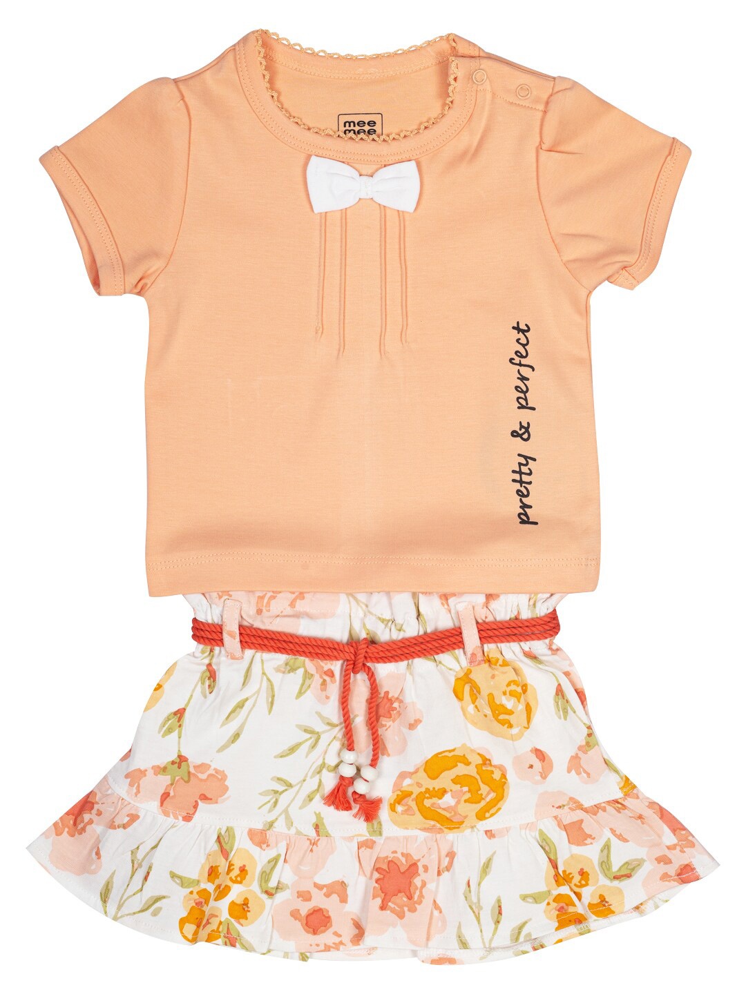 

MeeMee Girls White & Orange Solid Pure Cotton Top With Skirt