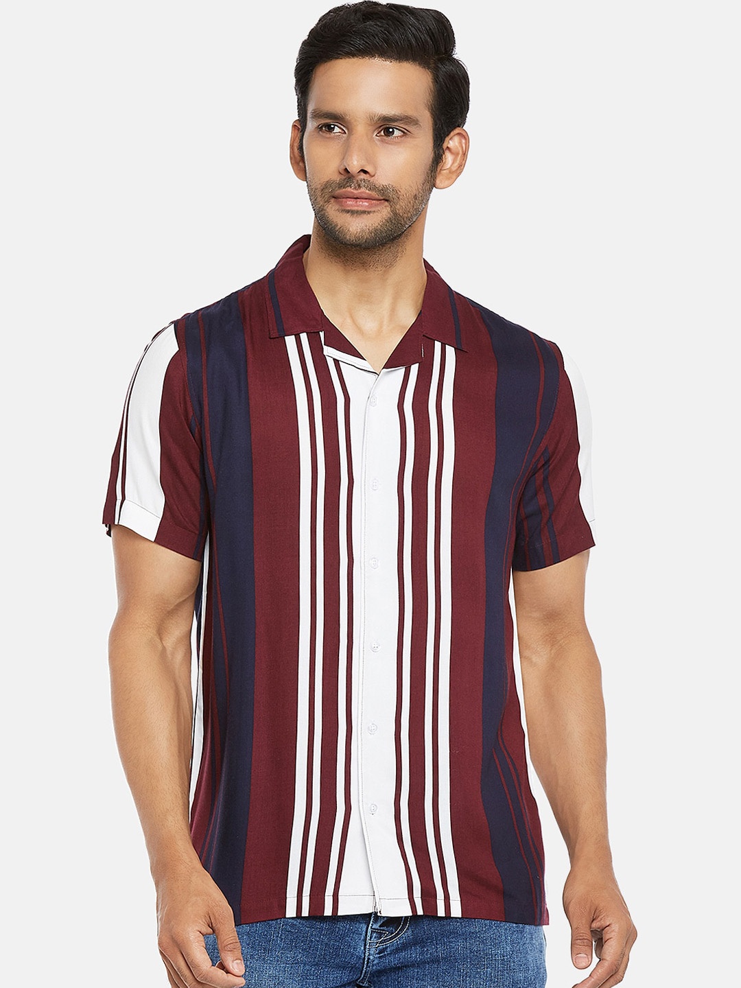 

People Men Blue Opaque Striped Casual Shirt