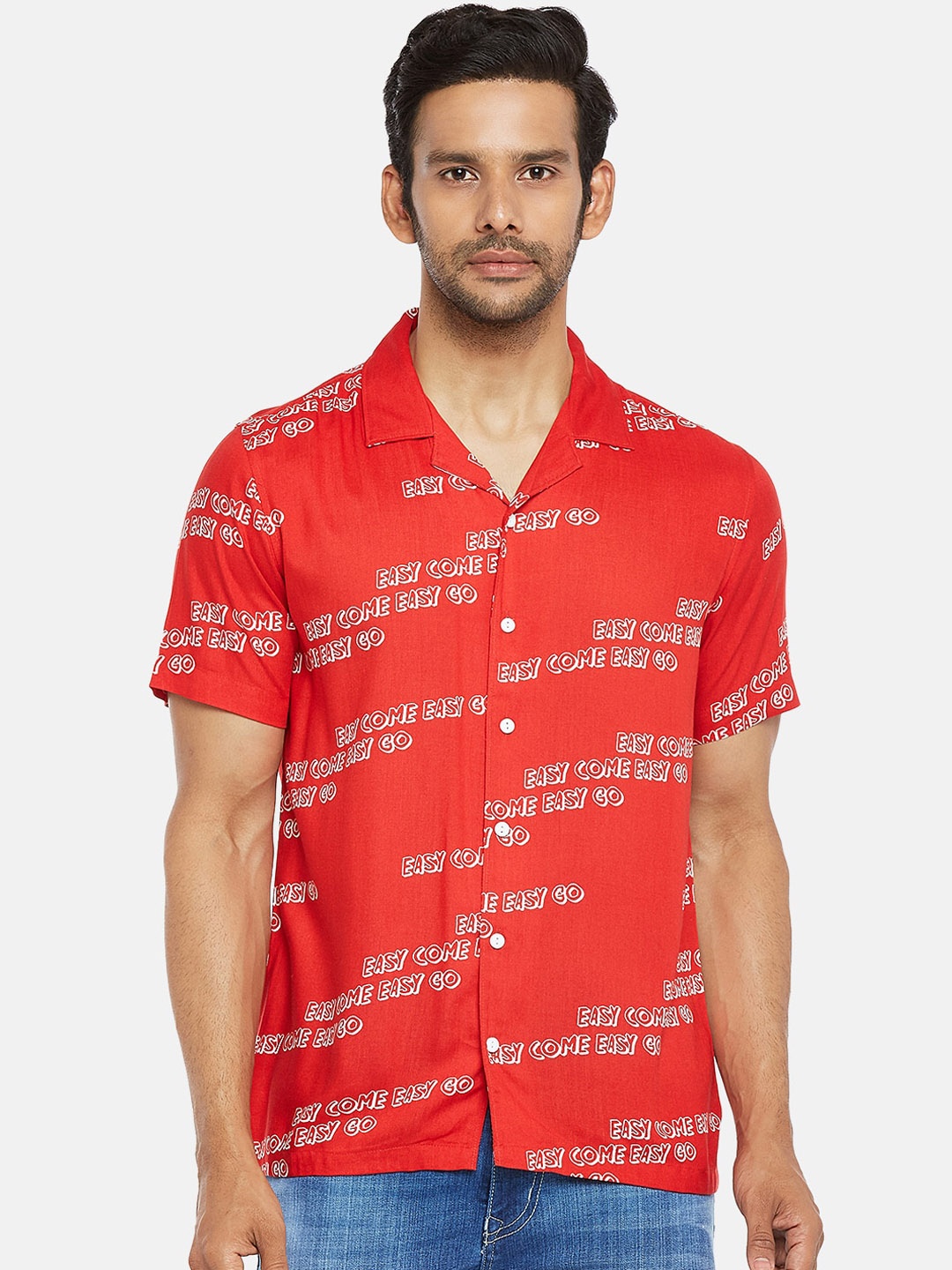 

People Men Red Opaque Printed Casual Shirt